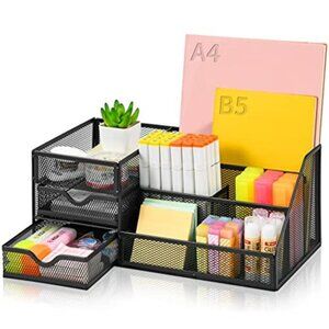 Mesh Desk Organizer with Drawers Large Desktop Storage Office Supplies Organizer